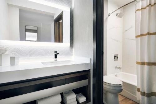 a bathroom with a sink and a toilet and a mirror at Chicago Marriott Oak Brook in Oak Brook