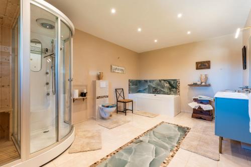 a bathroom with a shower and a toilet at Le Palmier Exotique - Bazas in Bazas