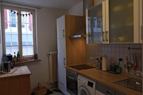 a kitchen with a white refrigerator and a sink at Ferienwohnung Scheffelhaus in Gengenbach