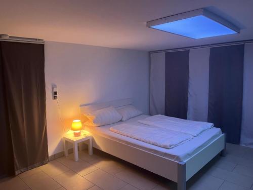 a bedroom with a bed with a light on it at Ferienwohnung Bauer in Puschendorf