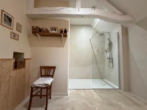 a bathroom with a shower and a wooden chair at Studio du Grand Beaumont in Saint-Mélaine-sur-Aubance