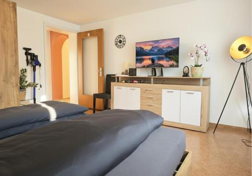 a bedroom with two beds and a tv on the wall at Rückzugsort im Buhlbachtal Baiersbronn - Ferienwohnung mit beheiztem Wintergarten, Bergblick & Parkplatz in Baiersbronn