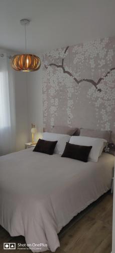 a bedroom with a large white bed and a chandelier at Maison 2 couchages in Aigrefeuille-dʼAunis