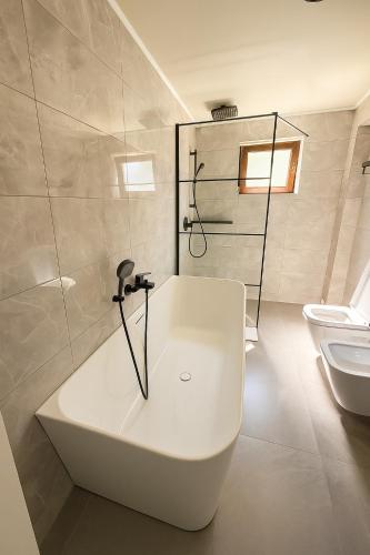 a white bathroom with a tub and a toilet at Transrarau Lodge in Pojorâta