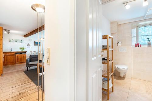 HeringsandAm Halbmond 1的房间内设有带淋浴和卫生间的浴室