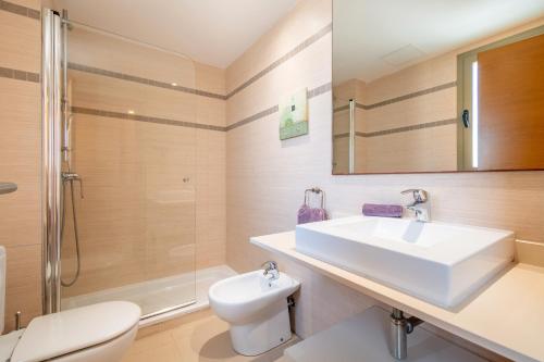 a bathroom with a sink and a shower and a toilet at Astur - Moderno Chalet Con Piscina in Puigderrós