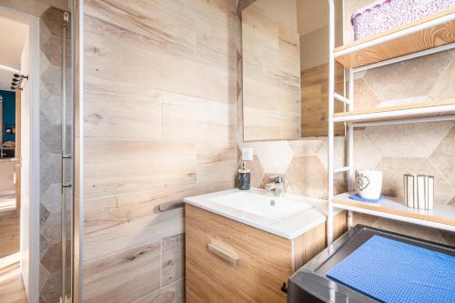 a bathroom with a sink and a shower at T3 Cros De Cagnes Bord De plage in Cagnes-sur-Mer