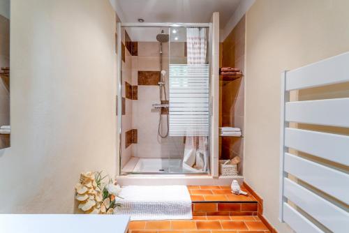 a bathroom with a shower with a glass door at Le Mas Des Glycines in Les Vignères