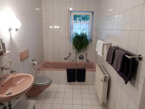 La salle de bains est pourvue d'une baignoire rose et d'un lavabo. dans l'établissement Ferienwohnung am Wildpflanzenpark, à Unterkirnach