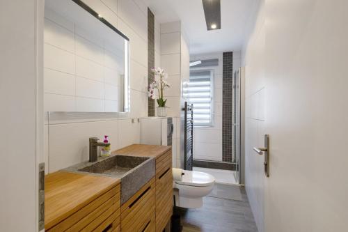 a bathroom with a sink and a toilet in it at Ferienwohnung San Marino 2 in Mücheln