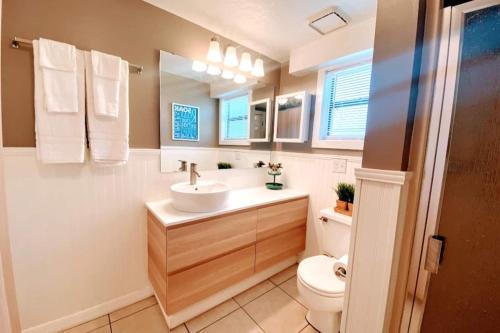 ein Badezimmer mit Waschbecken und Toilette in der Unterkunft Cottage-pvt Lake & Pool Access Near Disney Wporch in Castle Hill