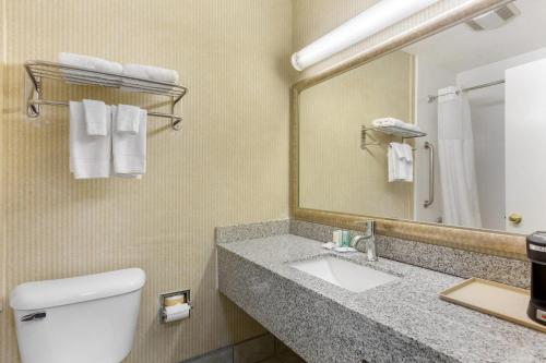 a bathroom with a sink and a mirror and a toilet at Quality Inn & Suites Oceanside Near Camp Pendleton in Oceanside