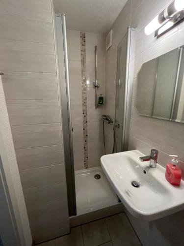 a white bathroom with a sink and a shower at gemütliche kleine Ferienwohnung in Altenberg in Kurort Altenberg