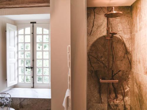 a shower in a bathroom with a stone wall at Manoir Du Moulinet in Château-Gontier