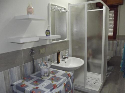 a bathroom with a shower and a sink and a sink at Appartamento Vacanze Mare in Terrasini