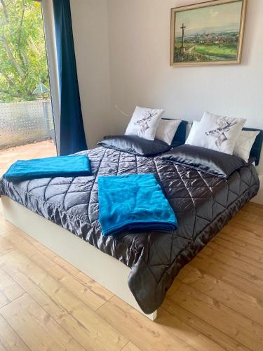 a bed in a room with blue pillows on it at Ferienwohnung Nägler in Erbach