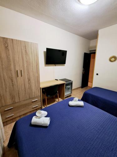 a room with two beds and a desk and a tv at Hostal Doña María in Valdemoro