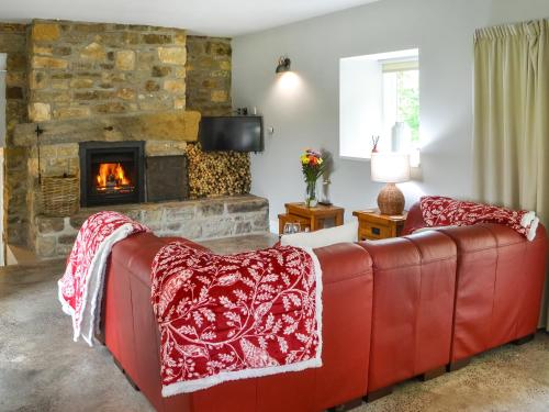 een woonkamer met een rode bank en een open haard bij The Haining in Elsdon