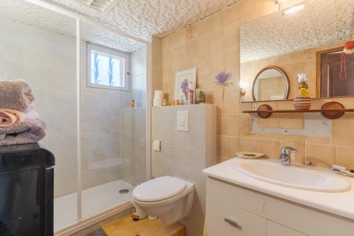 une salle de bain avec toilettes, lavabo et douche dans l'établissement Les Cerisiers, à Apt