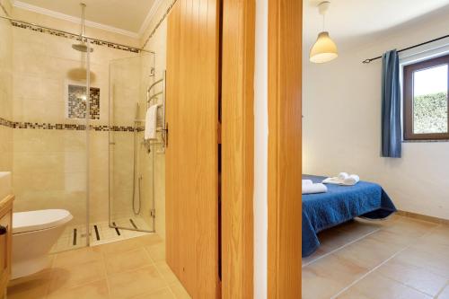 a bathroom with a shower and a toilet and a sink at Monte do Tanoeiro - Casa Tonel in Rogil