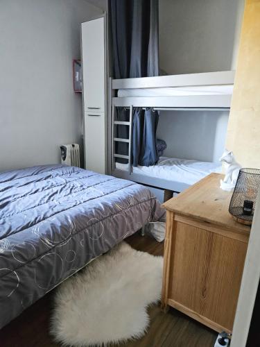 a bedroom with a bunk bed and a white rug at Station de ski Gourette, Appartement avec chambre in Gourette