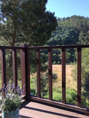 a wooden deck with a view of a field at Quinta das Levadas - Country House & Nature in Alvoco das Várzeas