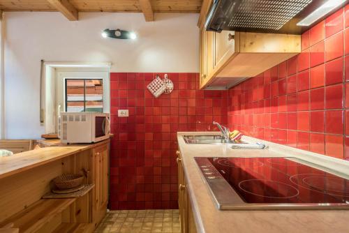 a red tiled kitchen with a sink and a microwave at Casa Lorenz 3 in Canazei