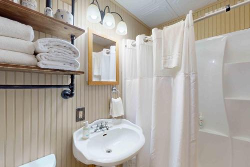 a bathroom with a white shower and a sink at Camp Farrell Cabin in Manitowish Waters