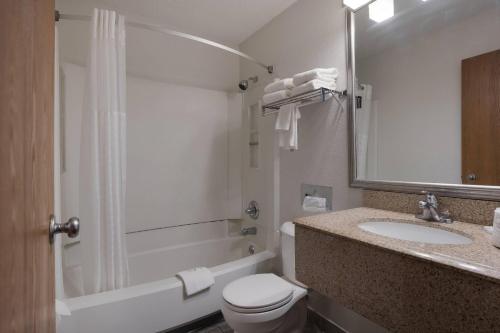 a bathroom with a toilet and a sink and a shower at Quality Inn Hall of Fame in Canton