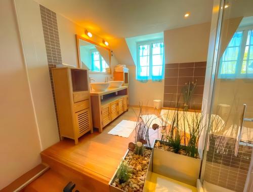 ein Badezimmer mit Waschbecken und Spiegel in der Unterkunft Gîte de la Mésange in Saint-Nicolas-des-Motets