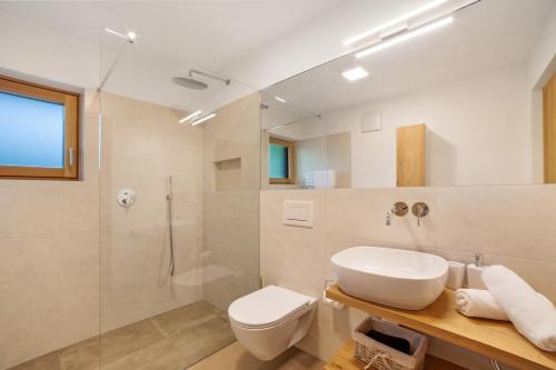 CiardesにあるWaalhof Ferienwohnung Galaのバスルーム(洗面台、シャワー付)