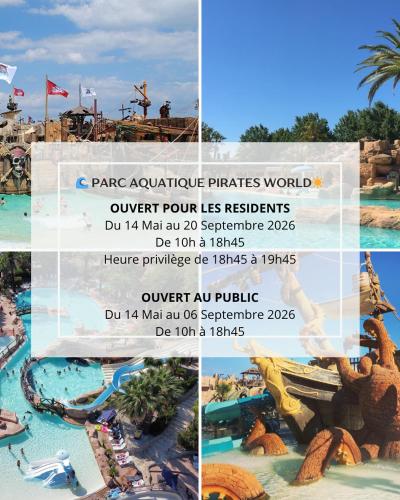 a flyer for a water park at a theme park at Hôtel Pirates World in Cap d'Agde