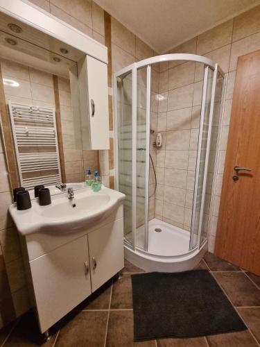 a bathroom with a shower and a sink and a shower at Apartment Rogla Residence in Vitanje