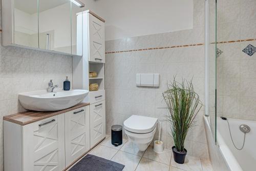 ein Badezimmer mit Waschbecken, Toilette und Dusche in der Unterkunft Residenz unter den Linden Specht in Mühlhausen