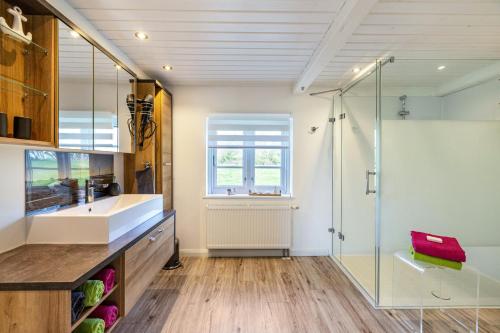 a bathroom with a sink and a shower at Reetdachhaus Alter Deich in Osterhever