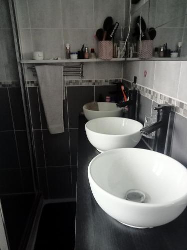 a bathroom with two sinks and two bowls on a counter at Chambre pour une personne in Blois