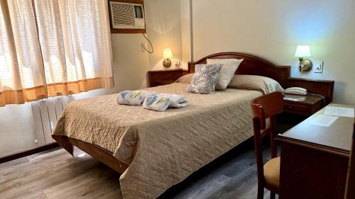 a bedroom with a bed with two pillows on it at Hotel Catedral in Luján
