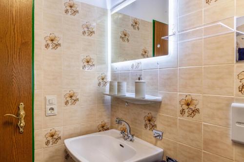 a bathroom with a sink and a mirror at Aschaubichl - Wohnung Bergaurikel in Grainau