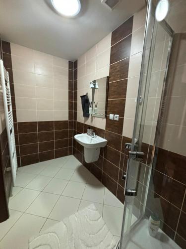 een badkamer met een toilet, een wastafel en een douche bij Mimi Apartment in Veľký Slavkov