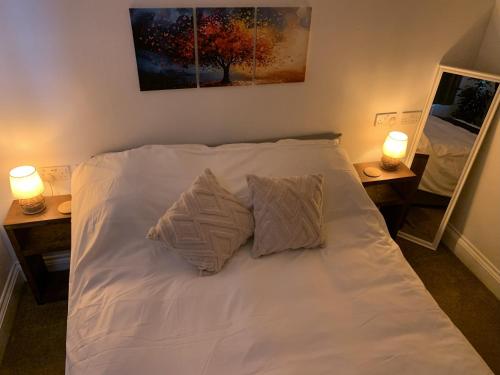 a white bed with two pillows on it in a bedroom at CherryBrook Wistman Suite in Two Bridges