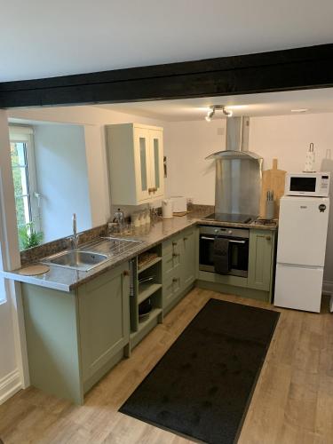 a kitchen with green cabinets and a white refrigerator at Delightful Dartmoor Apartment in Two Bridges