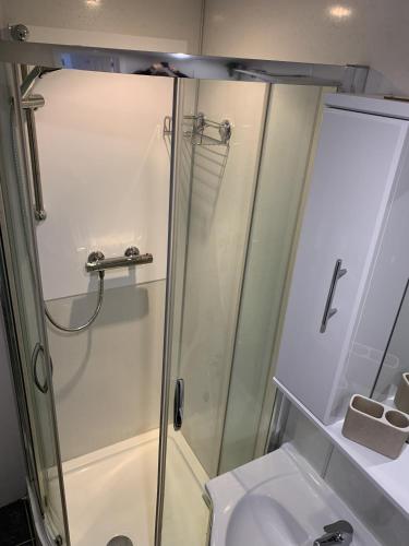 a bathroom with a shower and a sink at Delightful Dartmoor Apartment in Two Bridges