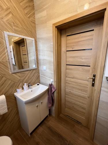 a bathroom with a sink and a mirror and a door at Apartamenty Studzienna in Inowrocław