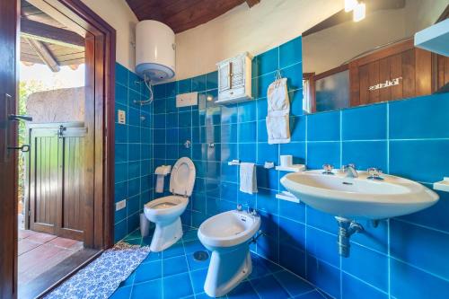 a blue bathroom with a sink and a toilet at Casa di Daniela in Golfo Aranci