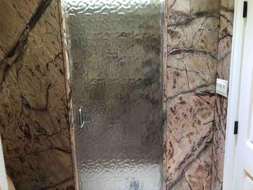 a shower with a glass door in a bathroom at The best of the greenbrier in White Sulphur Springs