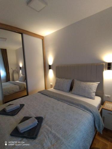 a bedroom with a large bed with a large mirror at Apartment "Splendid J&R" in Bijeljina