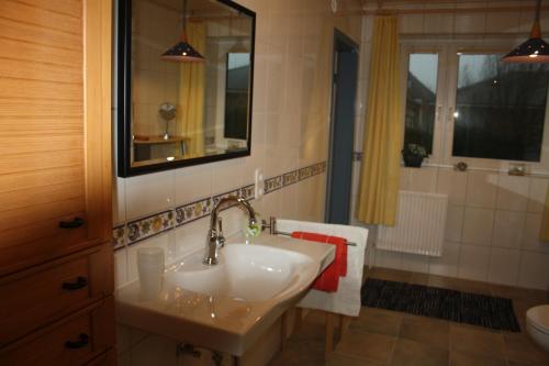 a bathroom with a sink and a mirror at Haus Halligblick in Dagebüll