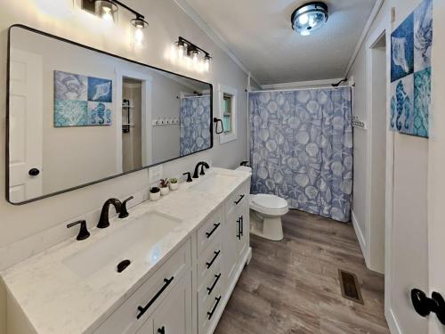 une salle de bain avec un lavabo, des toilettes et un miroir dans l'établissement Island Club #66, à Put-in-Bay