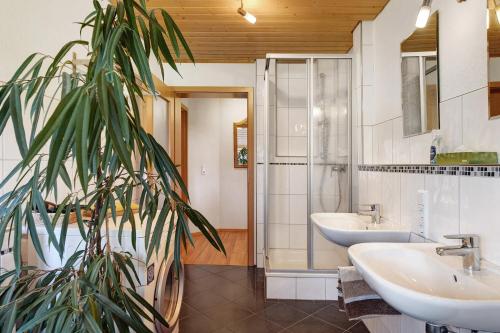 baño con 2 lavabos y planta en Ferienwohnung Schartenschmiede, en St. Georgen im Schwarzwald