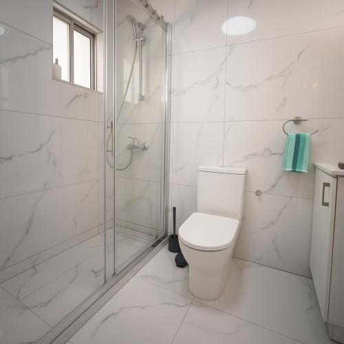a white bathroom with a shower and a toilet at Limassol Centr Apartament in Limassol